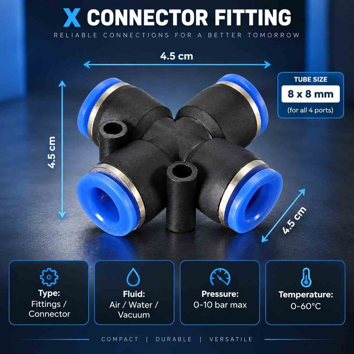 Implemental Pneumatic Pu Push Equal Union Cross Connector-8X8-2Pcs - 1