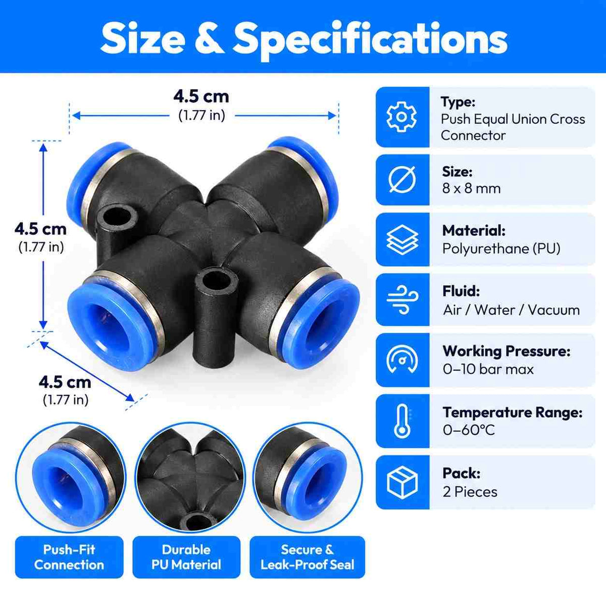Pneumatic Pu Push Equal Union Cross Connector-8X8-2Pcs