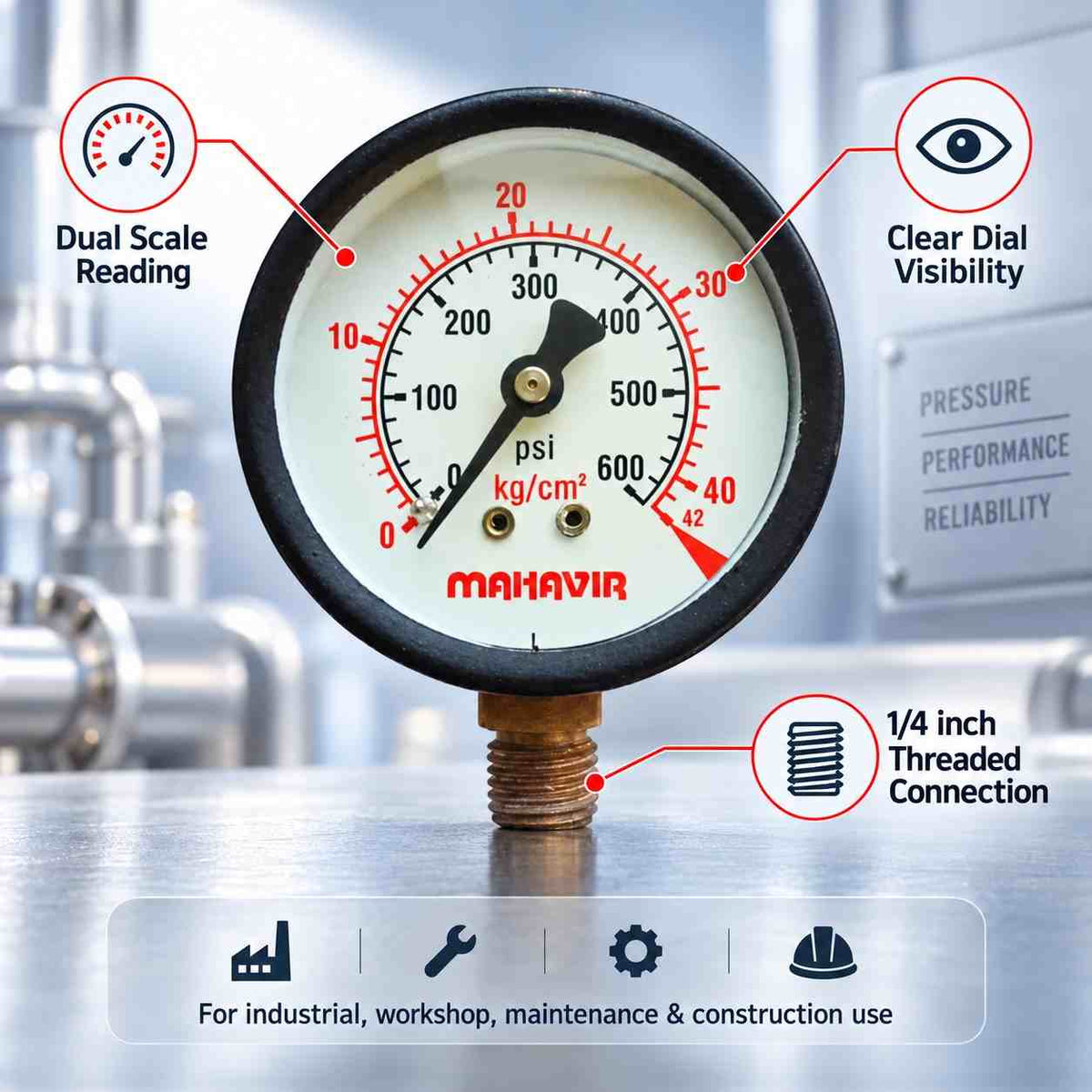 Implemental Pressure Gauge-2 1/2 Inch Thread 1/4Inch (600 PSI 40 Kg/Cm²) - 1