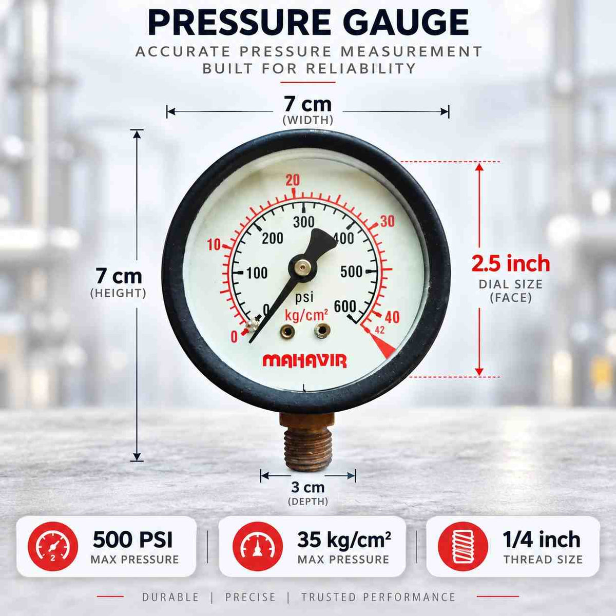 Implemental Pressure Gauge-2 1/2 Inch Thread 1/4Inch (600 PSI 40 Kg/Cm²) - 1