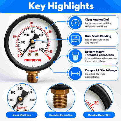 Pressure Gauge-2 1/2 Inch Thread 1/4Inch (500 PSI 35 Kg/Cm²)