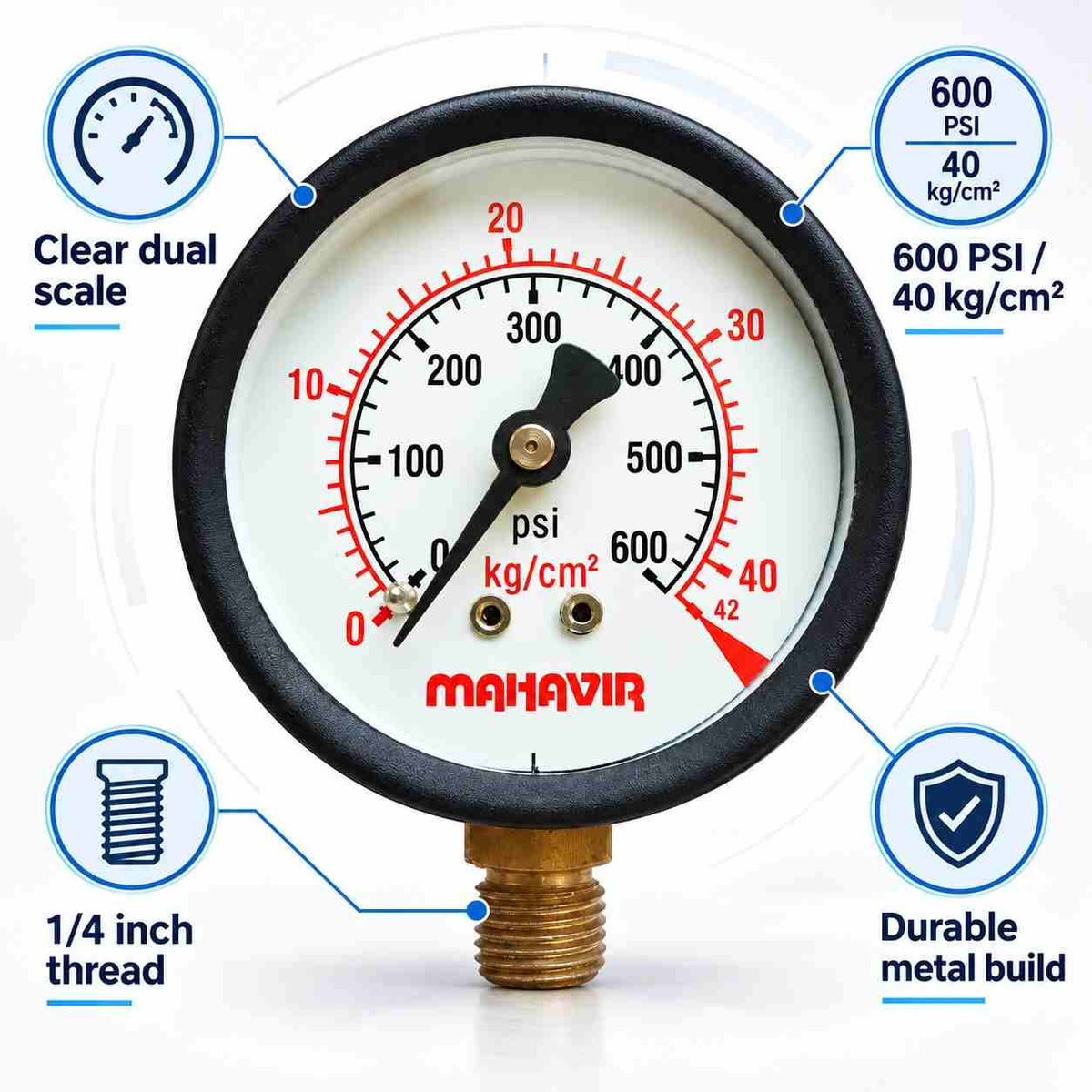 Pressure Gauge-2 1/2 Inch Thread 1/4Inch (600 PSI 40 Kg/Cm²)