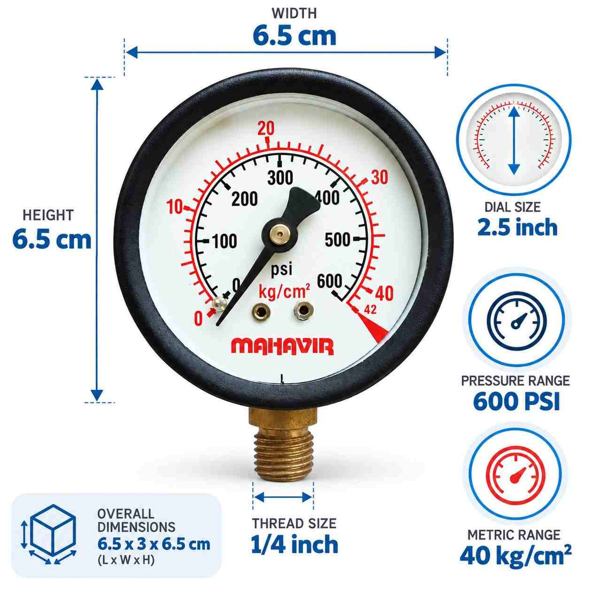 Pressure Gauge-2 1/2 Inch Thread 1/4Inch (600 PSI 40 Kg/Cm²)