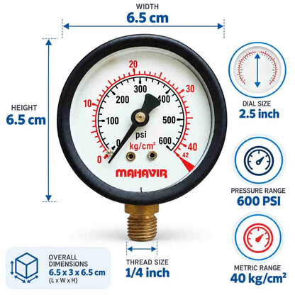 Pressure Gauge-2 1/2 Inch Thread 1/4Inch (600 PSI 40 Kg/Cm²)