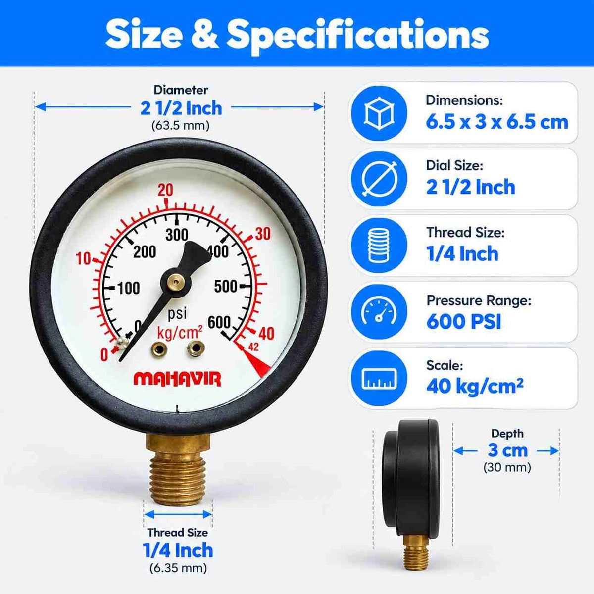 Pressure Gauge-2 1/2 Inch Thread 1/4Inch (600 PSI 40 Kg/Cm²)
