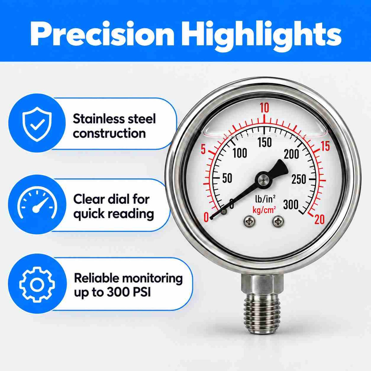 S.S. Glycerin filled Pressure Gauge 2.1/2 X 300 Psi 1/4"