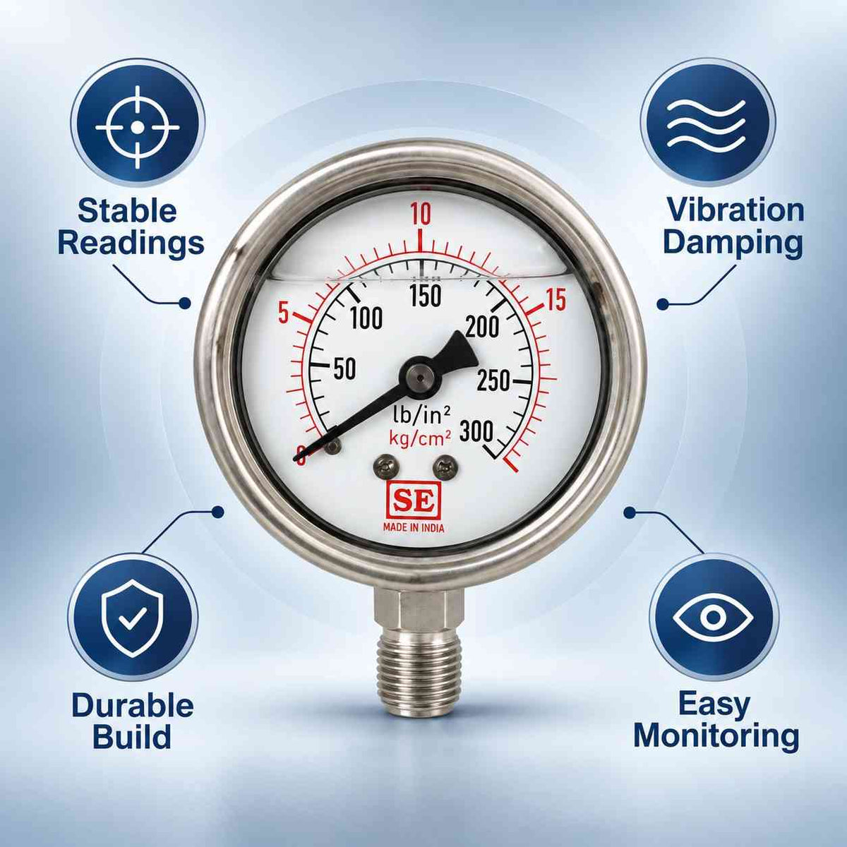 Implemental S.S. Glycerin filled Pressure Gauge 2.1/2 X 300 Psi 1/4" - 1