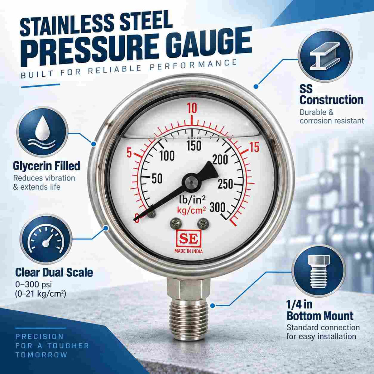 Implemental S.S. Glycerin filled Pressure Gauge 2.1/2 X 300 Psi 1/4" - 1