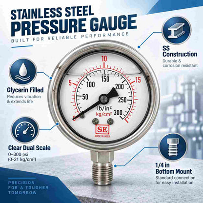 Implemental S.S. Glycerin filled Pressure Gauge 2.1/2 X 300 Psi 1/4" - 1