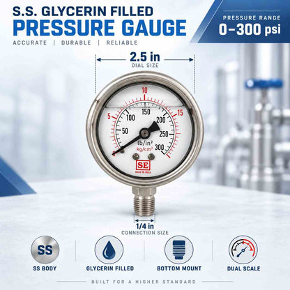 Implemental S.S. Glycerin filled Pressure Gauge 2.1/2 X 300 Psi 1/4" - 1
