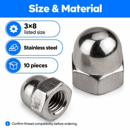 S.S Dome Nut Cap Nut 3x8 (Set of 10pcs)
