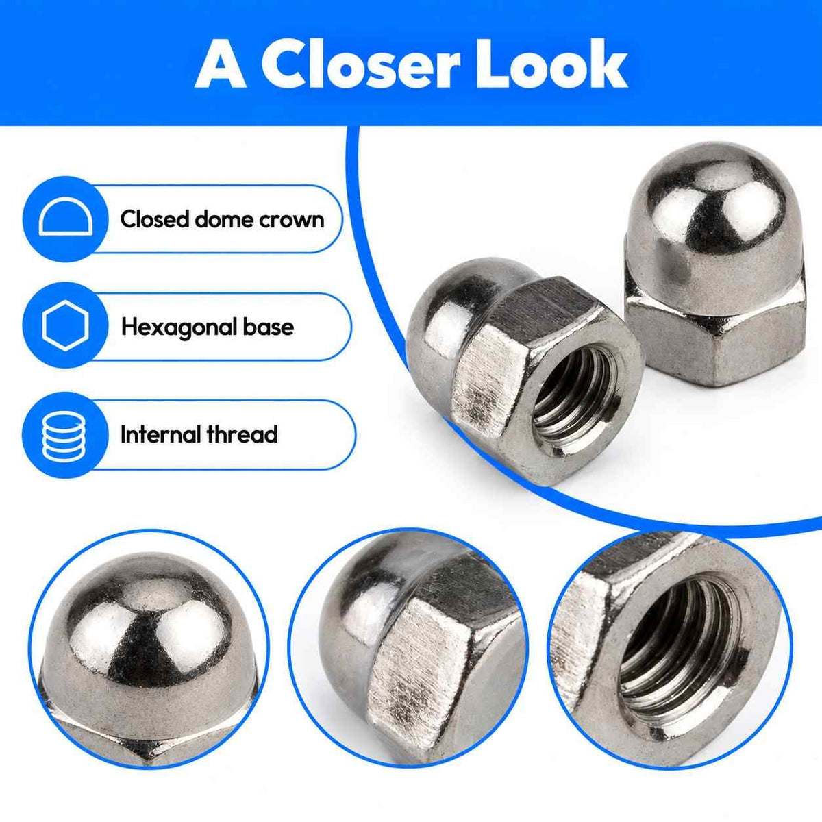 S.S Dome Nut Cap Nut 3x8 (Set of 10pcs)