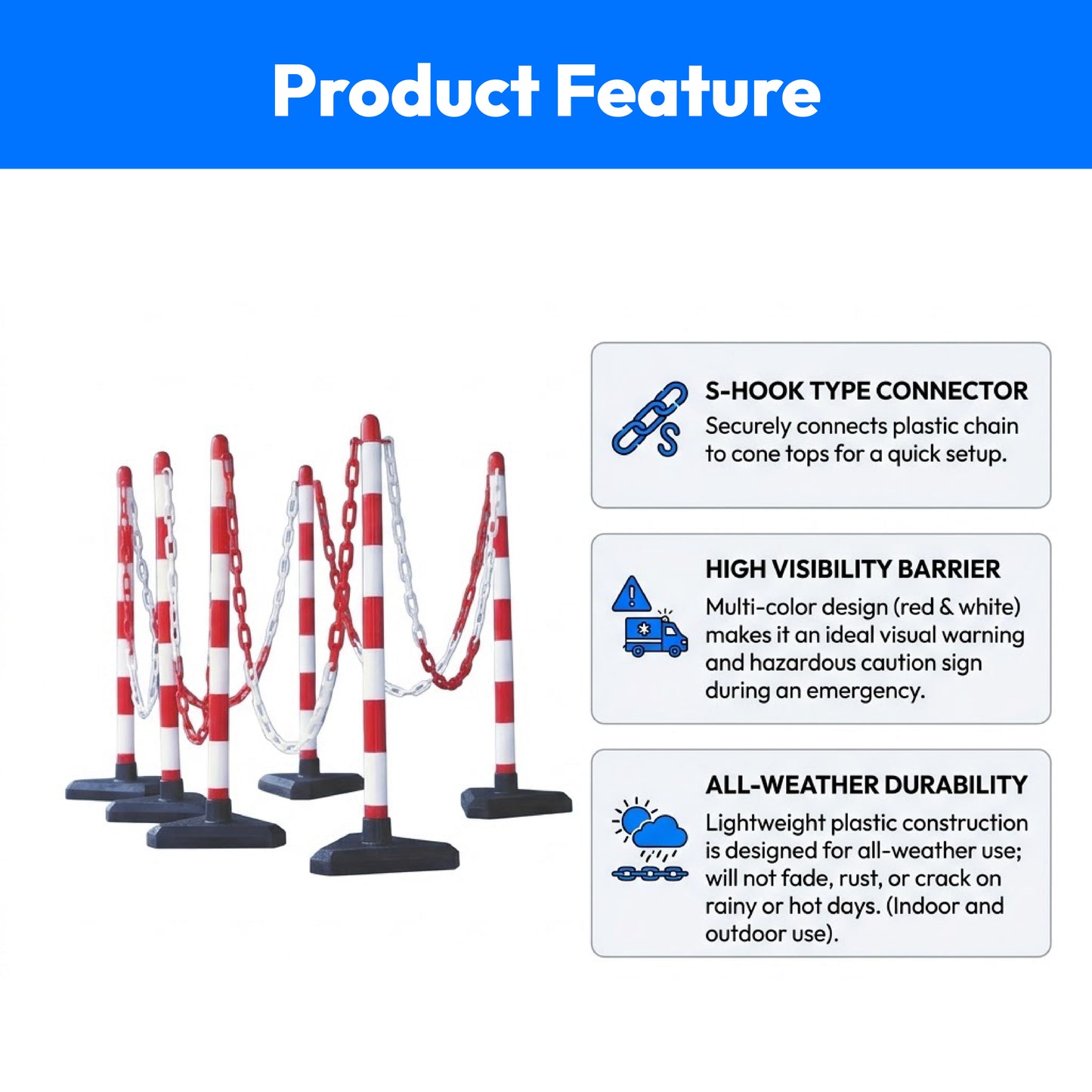 S Hook Type Plastic Safety Chain Barrier Cone-Thickness-6mm