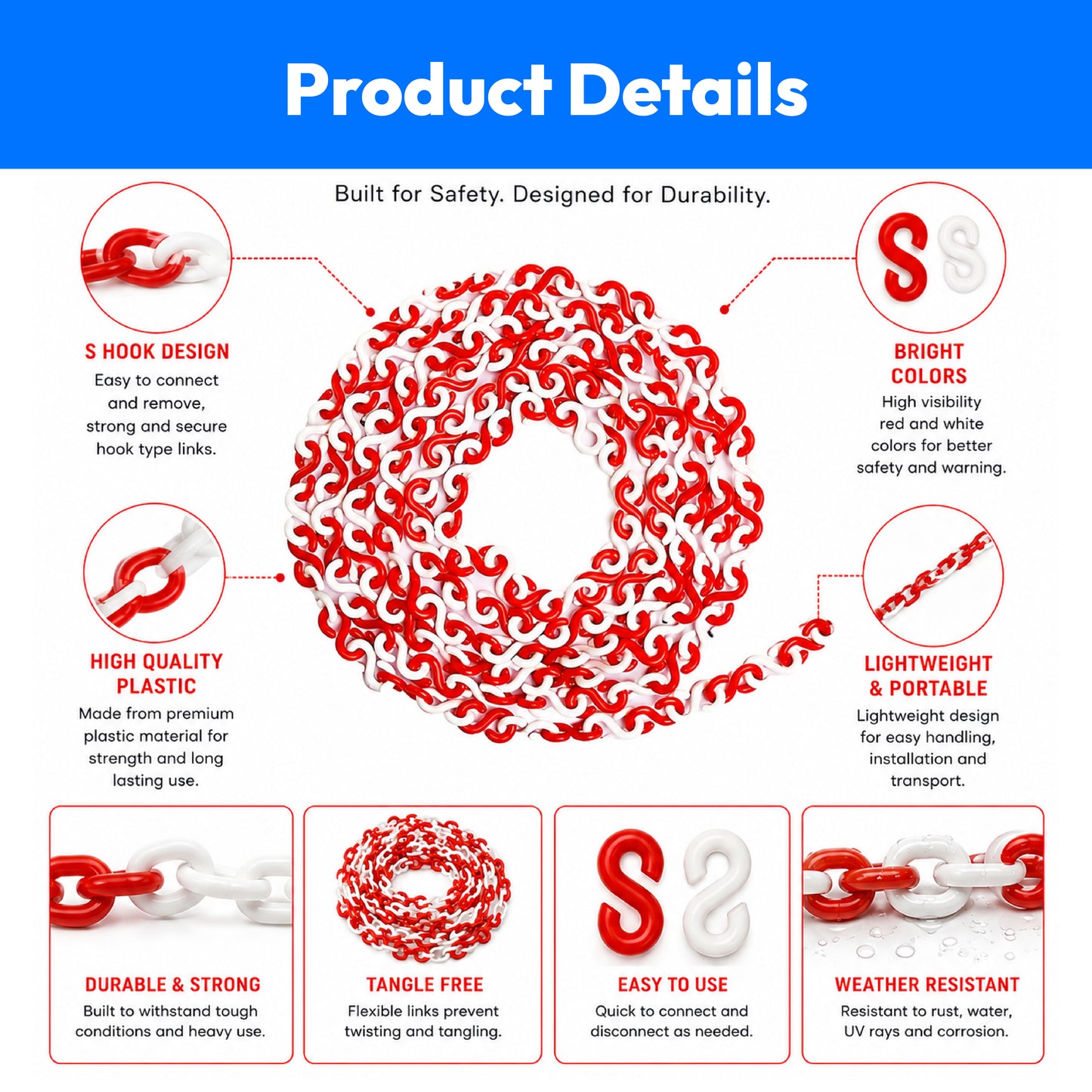 S Hook Type Plastic Safety Chain Barrier Cone-Thickness-6mm