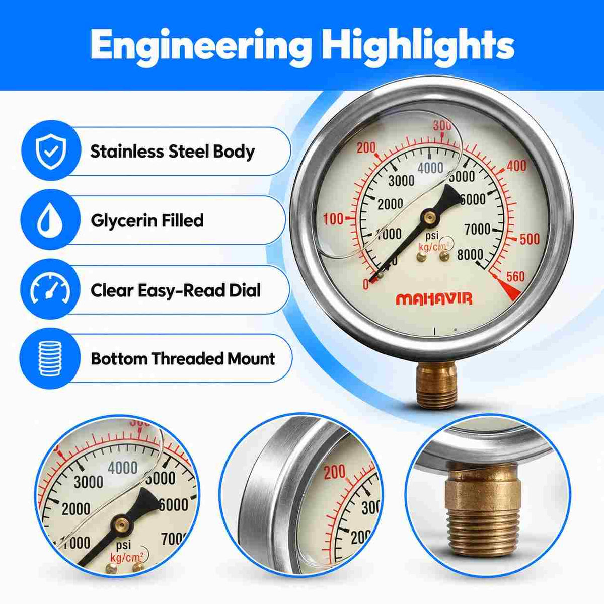 SS Ammoina Glycerin Filled Pressure Gauge