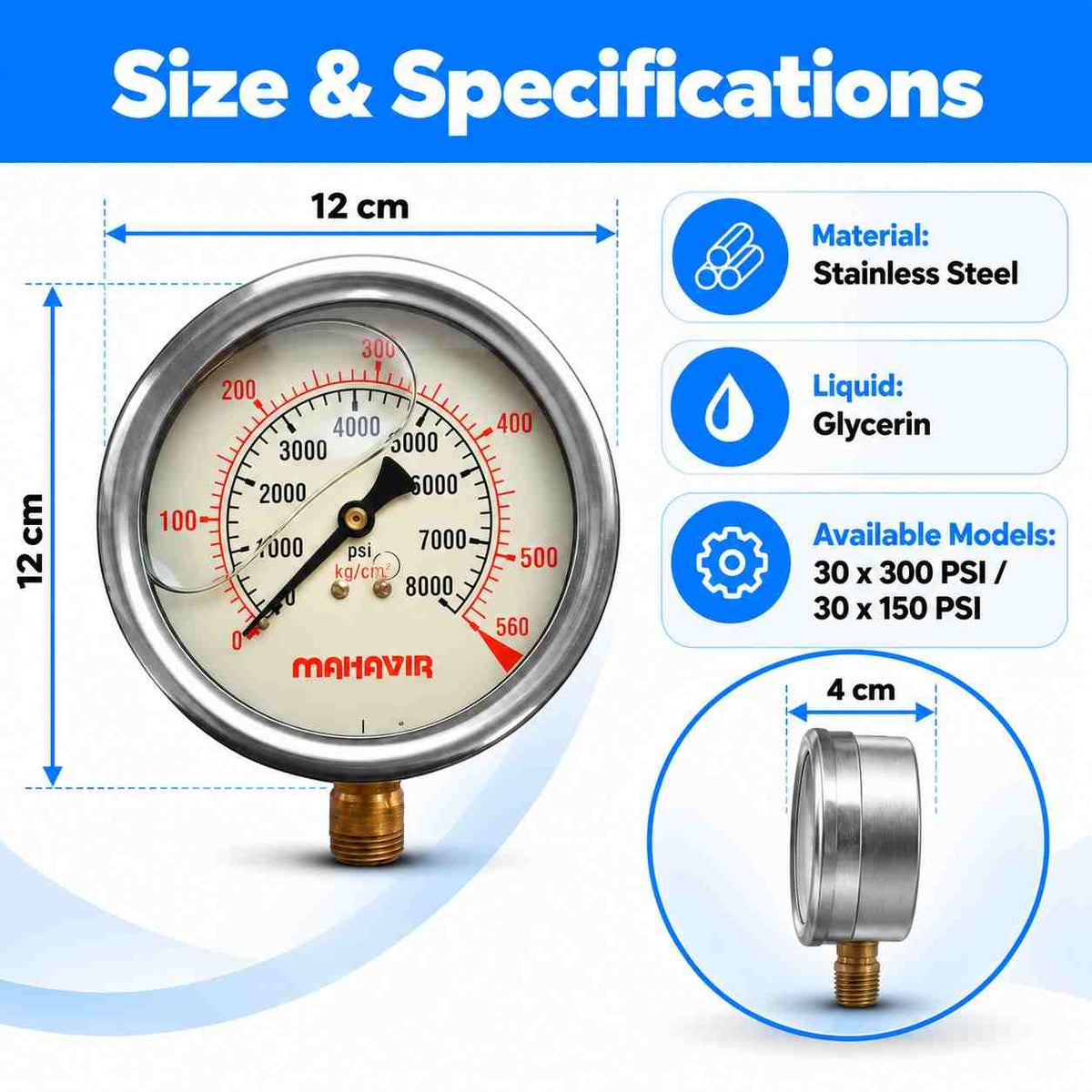 SS Ammoina Glycerin Filled Pressure Gauge