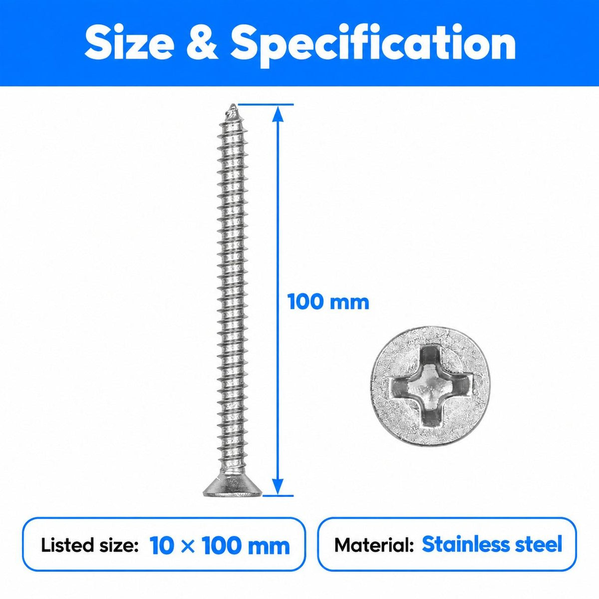 SS Self Tapping Screws-Flat CSK Philips Head-10X100mm/4"