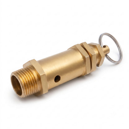 A brass pressure relief valve or regulator with a keyring attachment, shown on a clean white background.