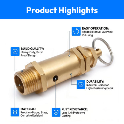 A brass pressure relief valve or nozzle shown on a white background with blue 'Product Highlights' header and callout labels describing build quality, easy operation, durability, material, and rust resistance.