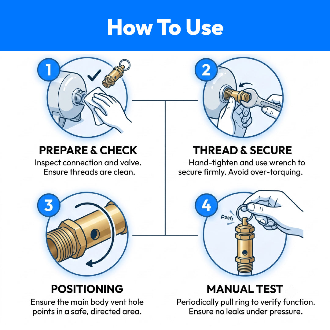 An instructional graphic titled 'How To Use' with four numbered panels showing how to install or test a brass valve component. The panels include preparing and checking, threading and securing with a wrench, positioning, and manual testing.