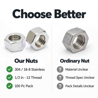Implemental Stainless Hex Nut Bolt Dropper, 304 18-8 Stainless Steel Nuts1/2"x13-100 Pack - 1
