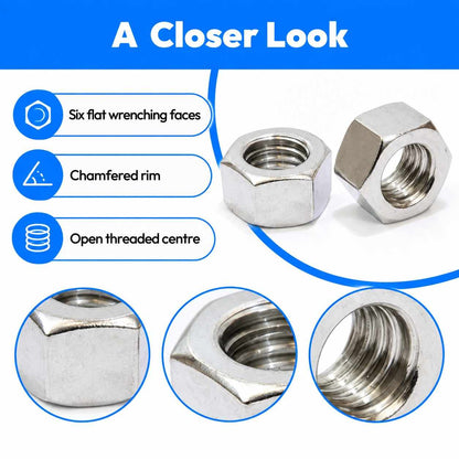 Stainless Hex Nut Bolt Dropper, 304 18-8 Stainless Steel Nuts1/2"x13-100 Pack