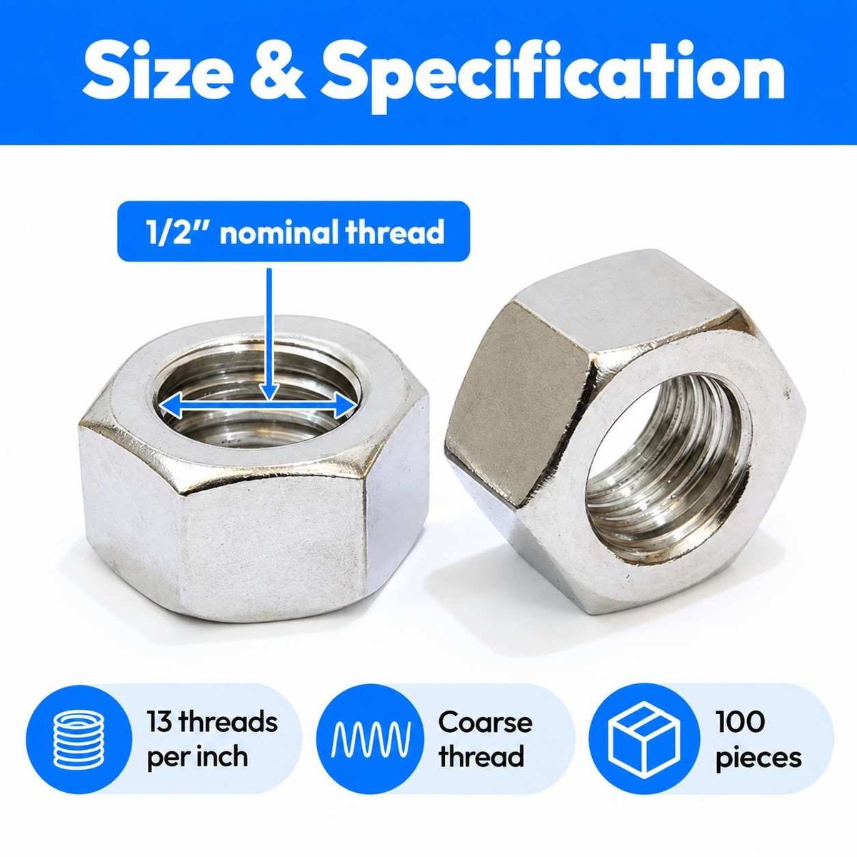 Stainless Hex Nut Bolt Dropper, 304 18-8 Stainless Steel Nuts1/2"x13-100 Pack