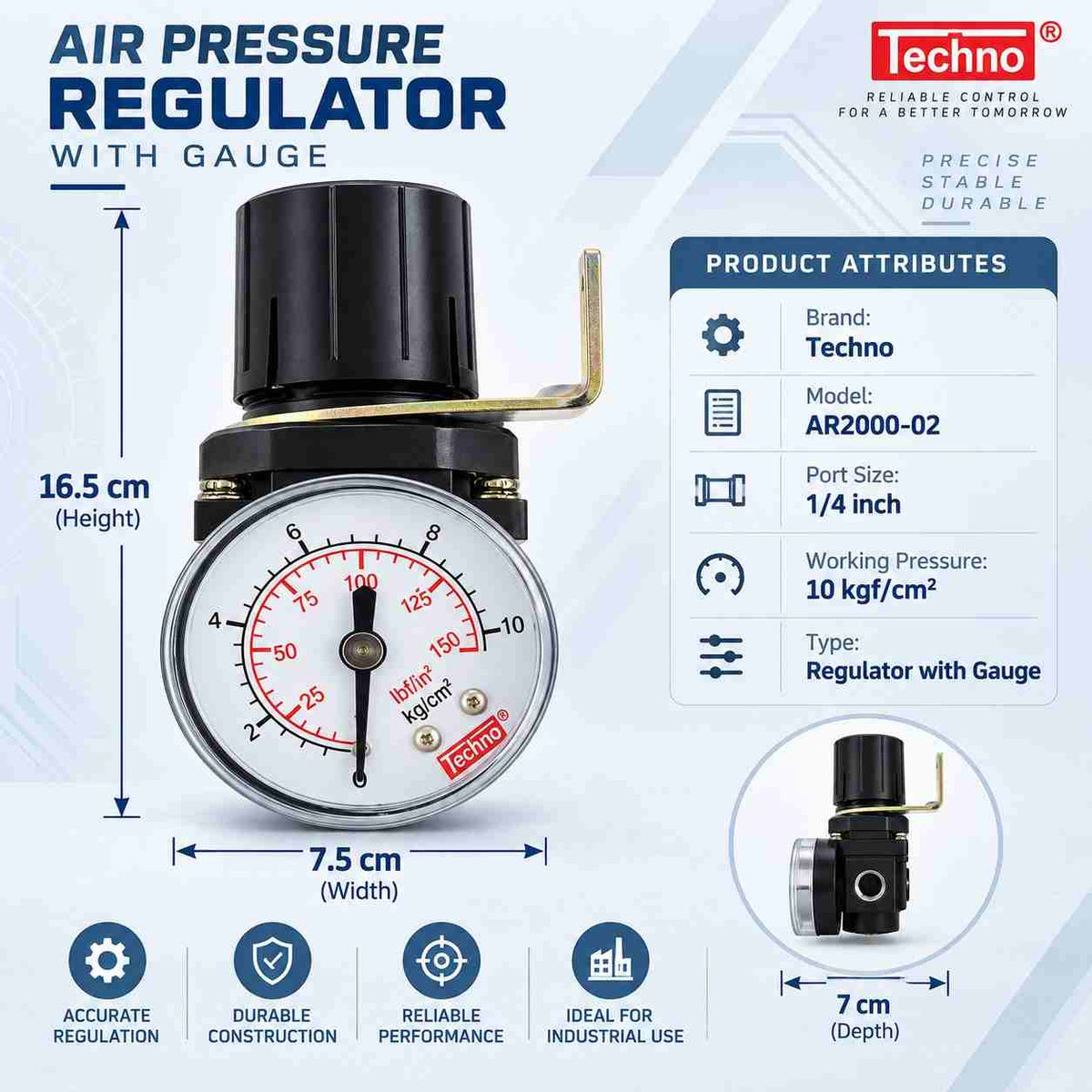Techno AR2000-02 REGULATOR WITH GAUGE SIZE-1/4Inch