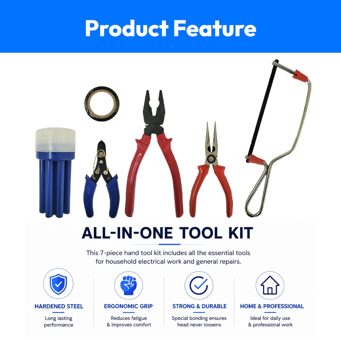 Tools Combo(Combination Plier, 2 in 1 Screwdriver, Wire Stripper, Tester, Paper Cutter, Electrical Tape, Measuring Tape)