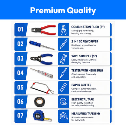 Tools Combo(Combination Plier, 2 in 1 Screwdriver, Wire Stripper, Tester, Paper Cutter, Electrical Tape, Measuring Tape)