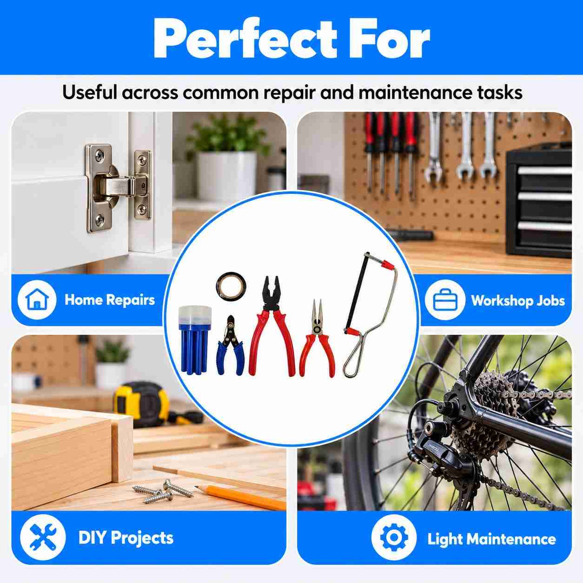 Tools Combo(Combination Plier, 2 in 1 Screwdriver, Wire Stripper, Tester, Paper Cutter, Electrical Tape, Measuring Tape)