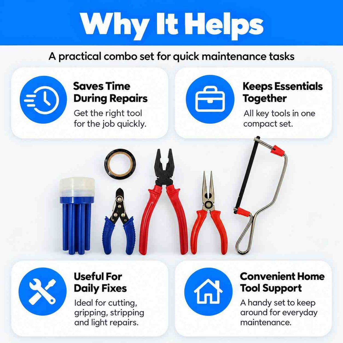 Tools Combo(Combination Plier, 2 in 1 Screwdriver, Wire Stripper, Tester, Paper Cutter, Electrical Tape, Measuring Tape)