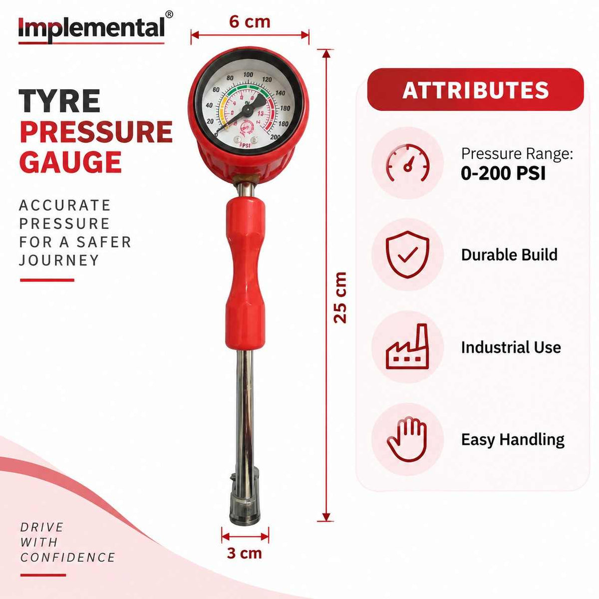 Tyre Pressure Rod Gauge 0-200 PSI