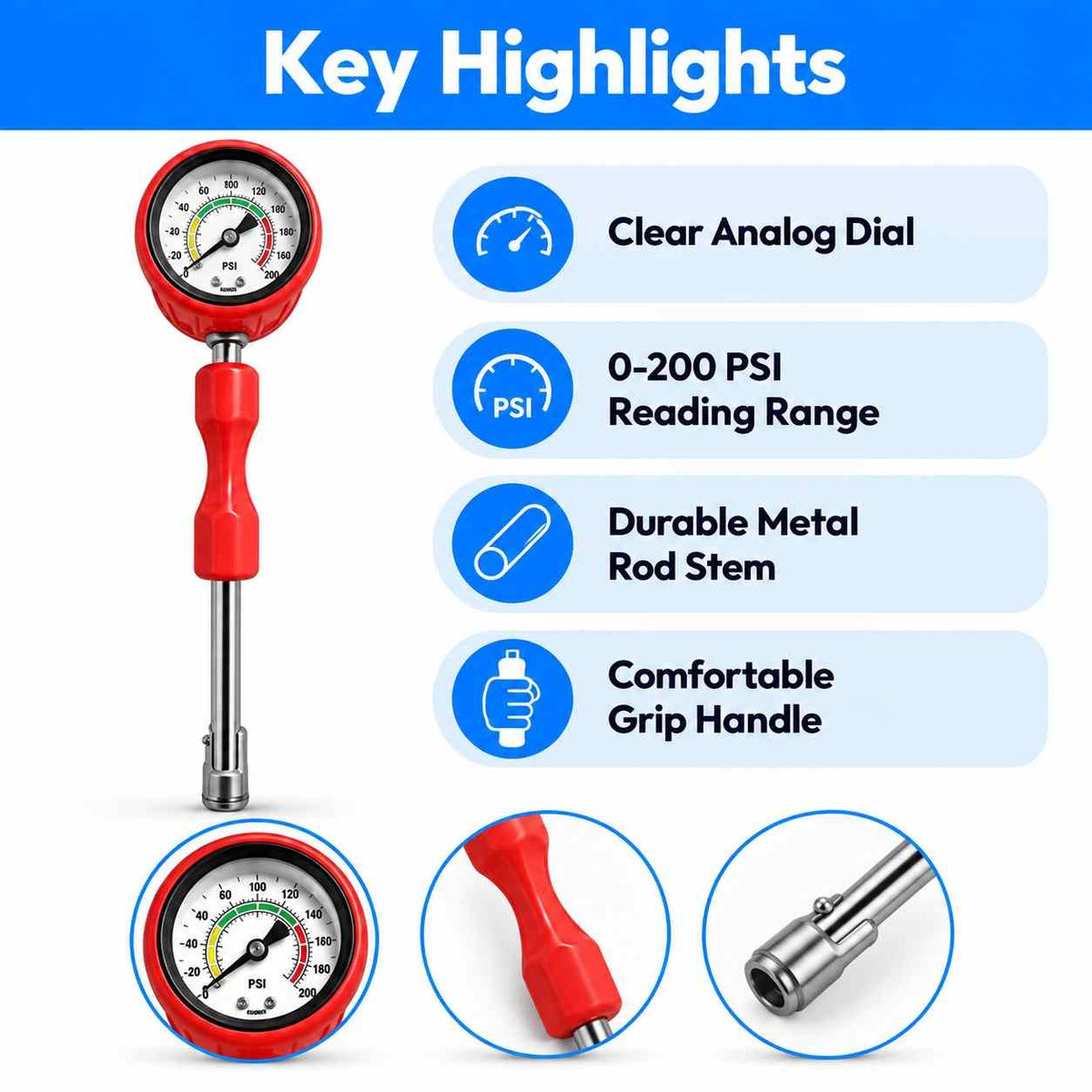 Tyre Pressure Rod Gauge 0-200 PSI