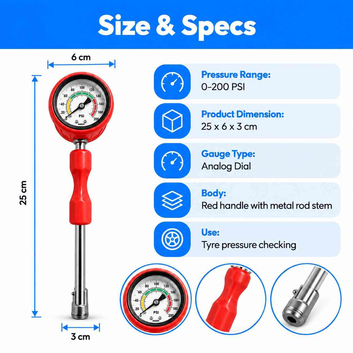 Tyre Pressure Rod Gauge 0-200 PSI