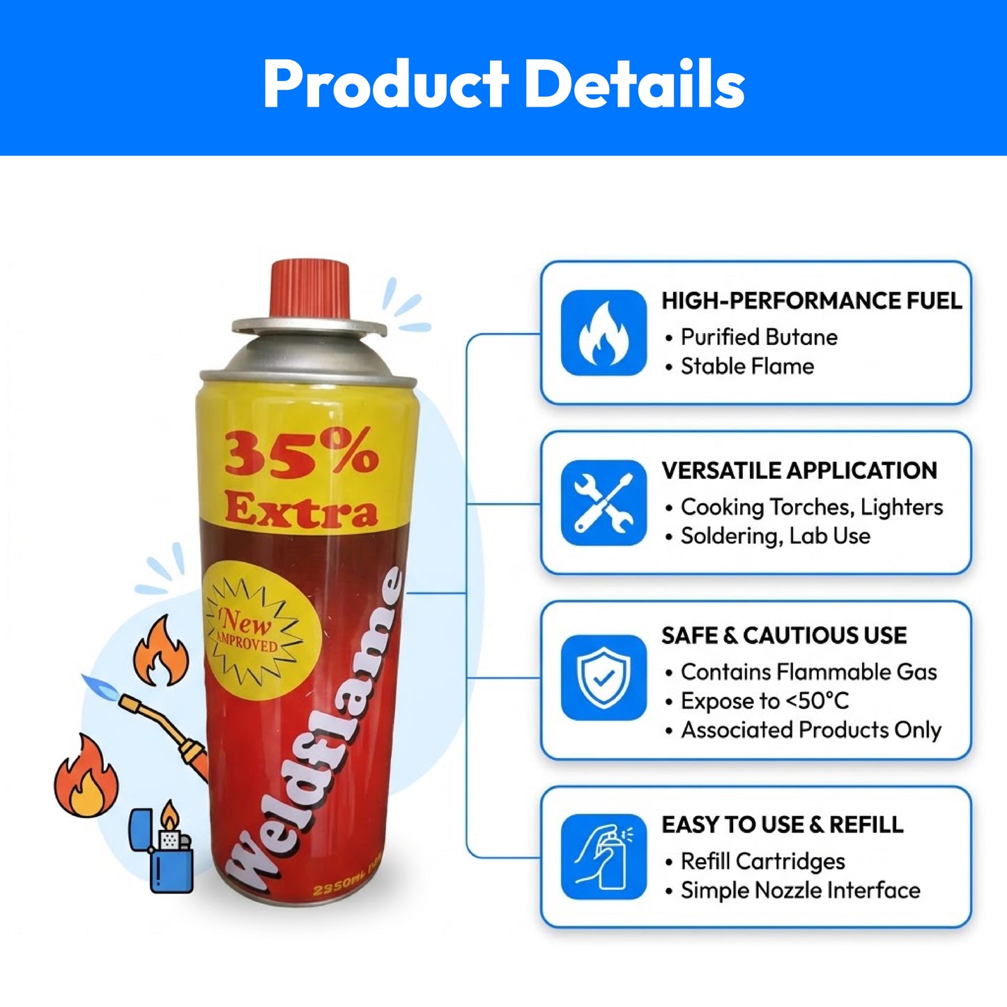 Weldflame Butane Gas Can Fire gas