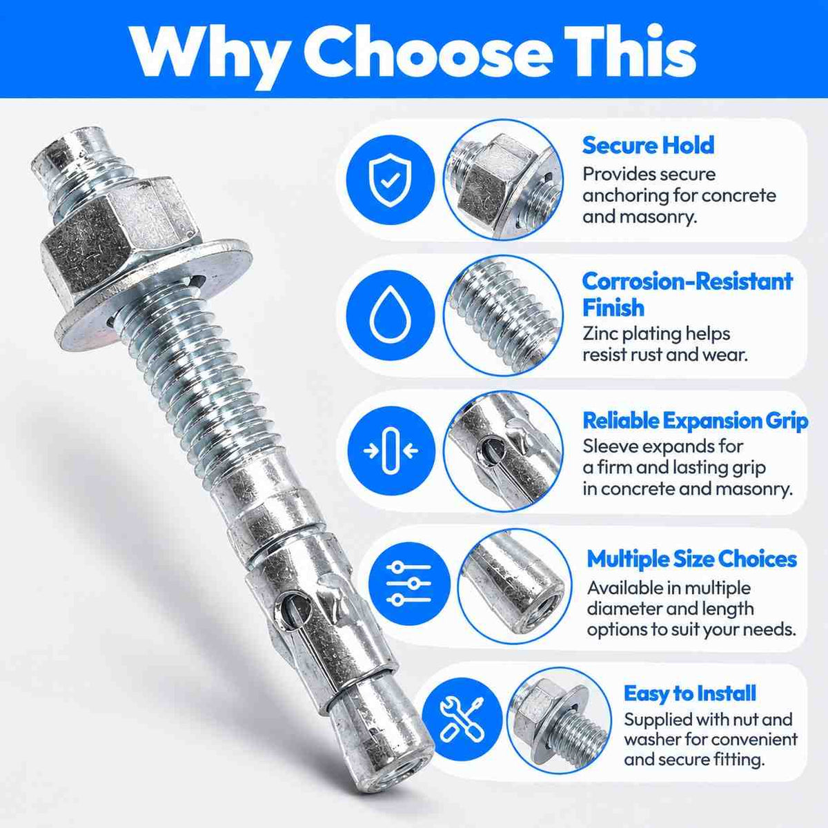 Zinc Plated Wedge Type Fully Threaded Design Expansion Anchor Bolts