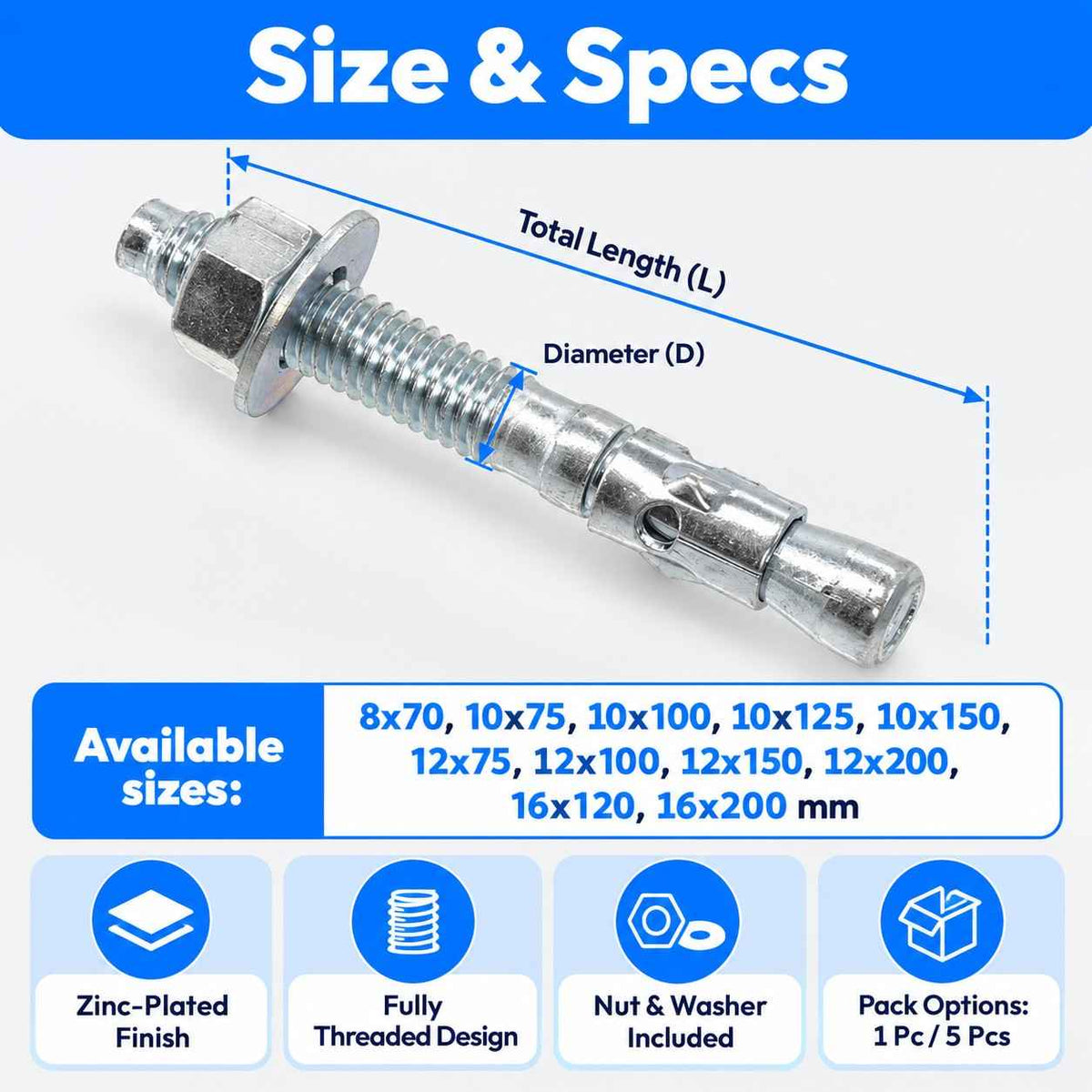 Zinc Plated Wedge Type Fully Threaded Design Expansion Anchor Bolts