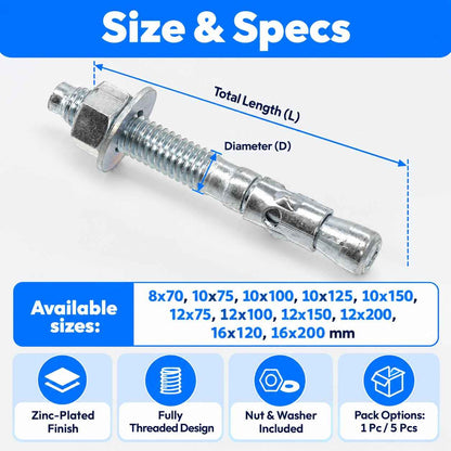 Zinc Plated Wedge Type Fully Threaded Design Expansion Anchor Bolts