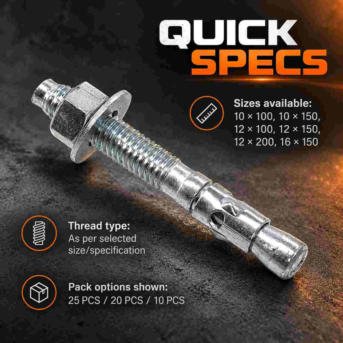 Implemental Zinc Plated Wedge Type Fully Threaded Design Expansion Anchor Bolts - 1