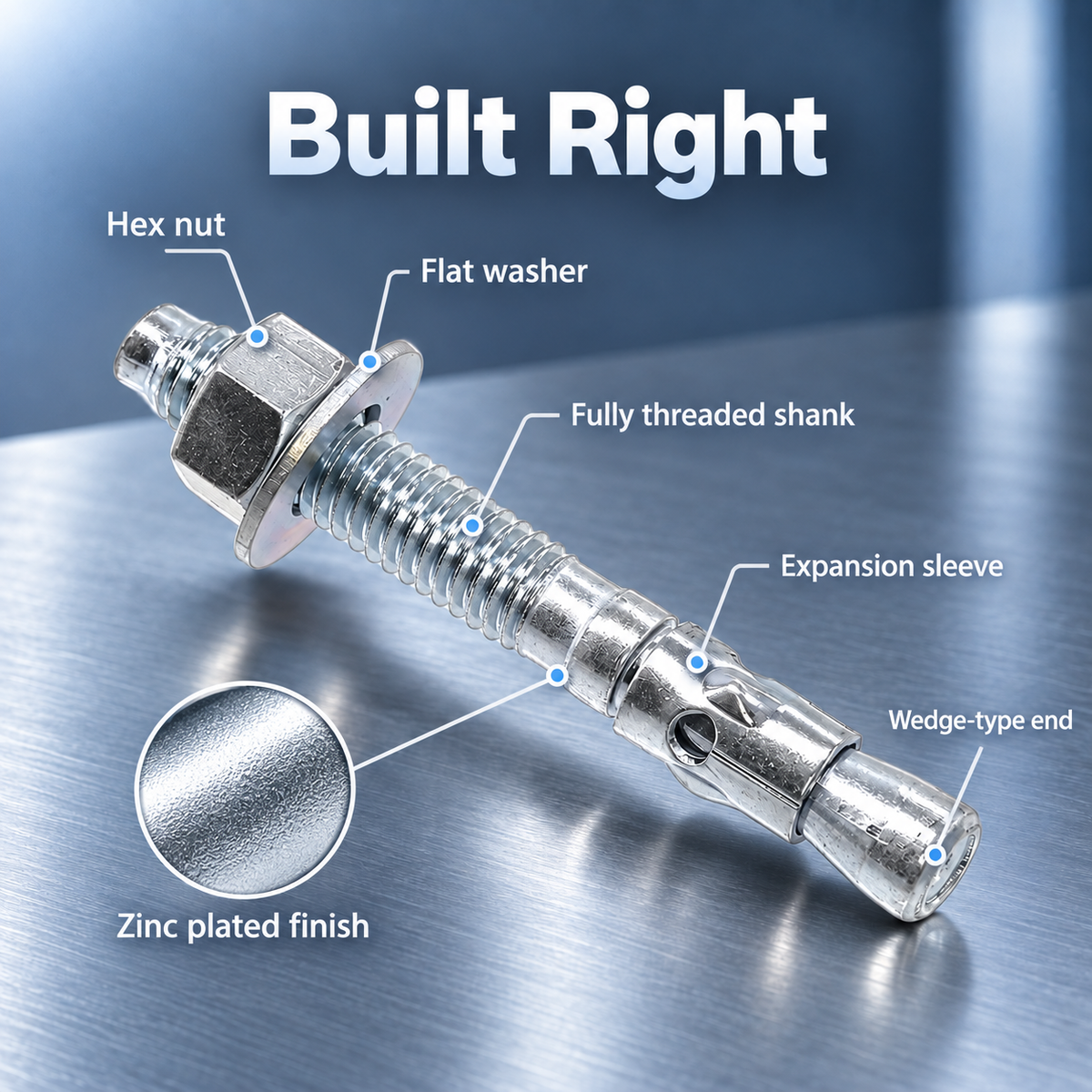 Implemental Zinc Plated Wedge Type Fully Threaded Design Expansion Anchor Bolts - 1