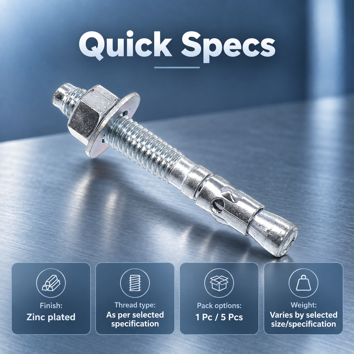 Implemental Zinc Plated Wedge Type Fully Threaded Design Expansion Anchor Bolts - 1
