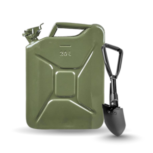 Combo of 18 Inch Folding Mini Shovel (High Carbon Steel) & Heavy Duty 20L Steel Jerry Can – Military Green